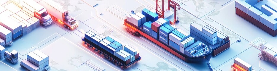 Poster - A digital illustration of a shipping yard with containers, trucks, and a cargo ship.