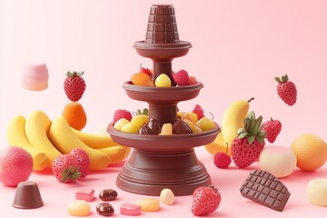 Sticker - A chocolate fountain surrounded by various fruits and candies, perfect for dessert enjoyment.