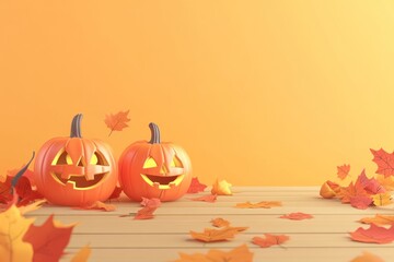 Poster - Two carved pumpkins with autumn leaves against a warm orange background.