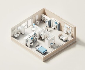 Sticker - A 3D layout of a hospital room with beds, medical equipment, and workspaces.