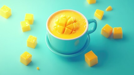 Canvas Print - A vibrant cup of mango dessert topped with fresh mango pieces, surrounded by mango cubes.