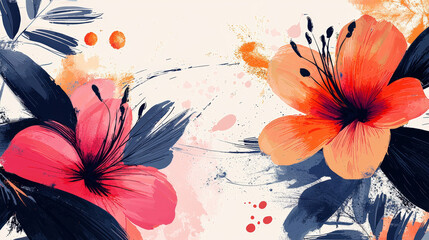 Wall Mural - Vibrant floral artwork featuring bold pink and orange flowers with dynamic ink accents. seamless background creates lively and artistic atmosphere, perfect for various design projects