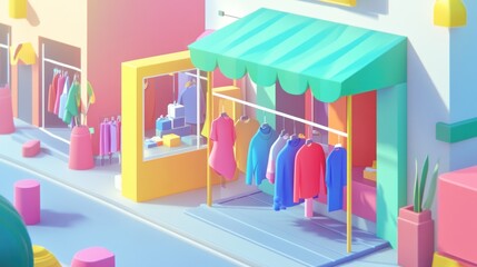 Poster - A colorful storefront displaying clothing in a vibrant, stylized environment.