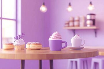 Canvas Print - A cozy café scene featuring cupcakes and frosted drinks on a wooden table in a purple setting.