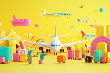 Sticker - A colorful, playful airport scene with planes, passengers, and luggage against a bright yellow background.