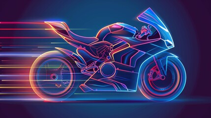 Neon-colored motorcycle in motion, depicted with a digital wireframe and holographic design. Speed and dynamism are emphasized through glowing lines and streaks,