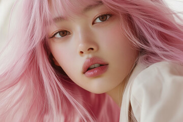 Wall Mural - Beautiful young Asian woman with long pink hair	