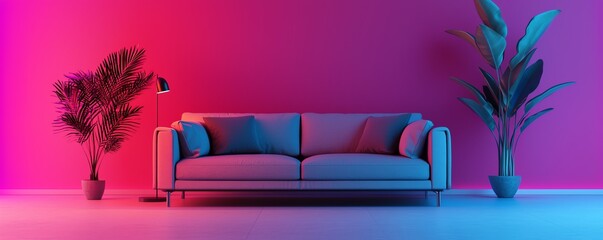 Stylish sofa in a modern interior with vibrant pink and blue lighting, complemented by lush plants for a contemporary vibe.