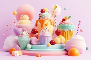 Sticker - A colorful display of whimsical cupcakes and sweets on a pastel background.