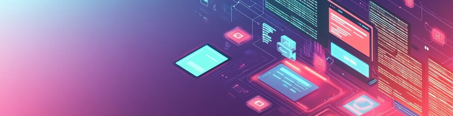 Abstract digital design featuring floating screens and code elements.