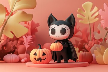 Wall Mural - A cute character in a bat costume holds a pumpkin in a playful autumn-themed setting.