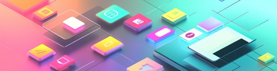 Sticker - Abstract digital design featuring colorful icons and geometric shapes for technology themes.