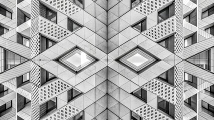 Geometric black and white pattern with intricate designs.