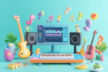 Canvas Print - A colorful music studio setup featuring instruments, software, and playful elements.