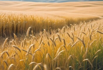 Golden wheat field with ripe ears of wheat, blurred background