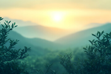 Wall Mural - Green Leaves Frame a Serene Sunrise Over Hazy Mountain Landscape