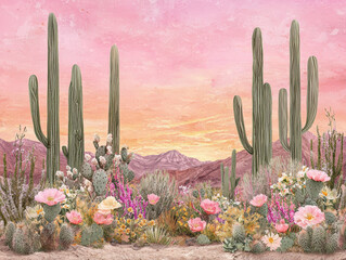 Wall Mural - A vibrant desert landscape featuring tall cacti adorned with blooming wildflowers, set against stunning pink sunset. scene captures beauty of nature and evokes sense of tranquility