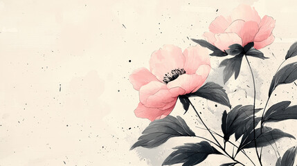 Wall Mural - Elegant peonies with soft beige background and abstract ink splashes create serene and artistic atmosphere. delicate pink flowers contrast beautifully with dark leaves, evoking sense of calm and beaut