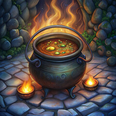 A pot of soup is sitting on a stone floor with a fire burning in the background. The soup is green and yellow and has a spout