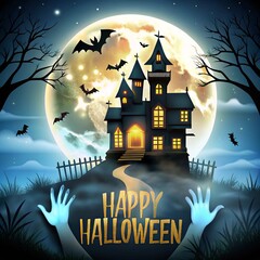 Spooky Happy Halloween Haunted House with Ghost Hands and Full Moon