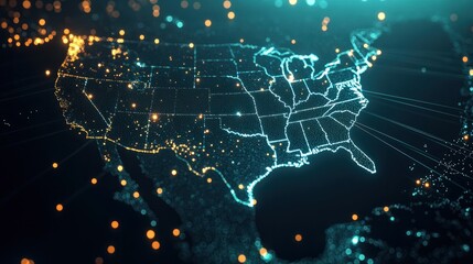 Wall Mural - global network of data transmission across usa map digital connectivity concept with glowing lines and dots 3d illustration