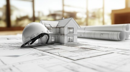 House drawing blueprints with helmet for architectural project, construction engineering