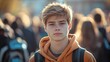 © CinimaticWorks - mental illness and loneliness in a male high school student surrounded by a crowd, showcasing the emotional and psychological challenges of teenage isolation