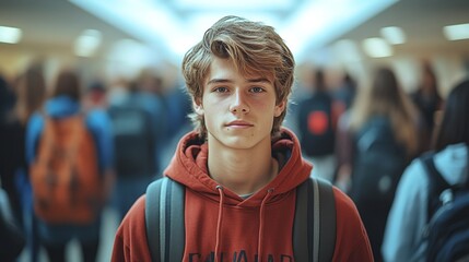 mental illness and loneliness in a male high school student surrounded by a crowd, showcasing the emotional and psychological challenges of teenage isolation