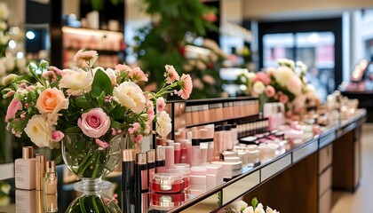 Elegant mirrored table adorned with delicate floral arrangements inside a chic cosmetics boutique