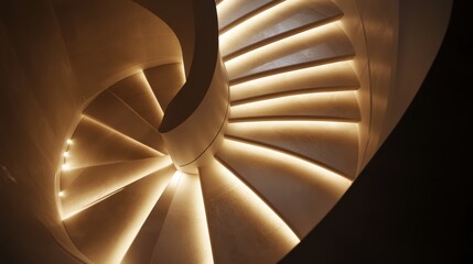 Capture a modern, curved staircase illuminated by dramatic lighting from beneath or above.