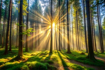 Wall Mural - Sunrays streaming through dense forest trees