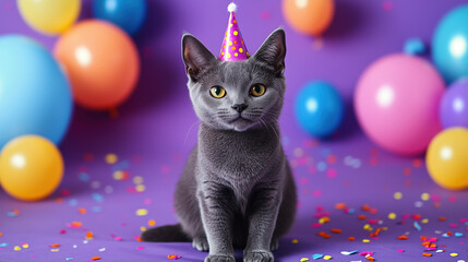 Gray Korat cat wearing party hat surrounded by colorful balloons and confetti