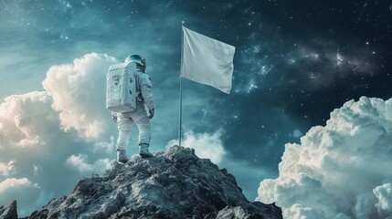an astronaut scaling mountain with empty flag on journey to success under cosmic sky, conquering new