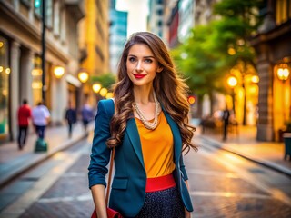 Elegant petite woman in a stylish outfit, showcasing confidence and charm in a vibrant urban setting