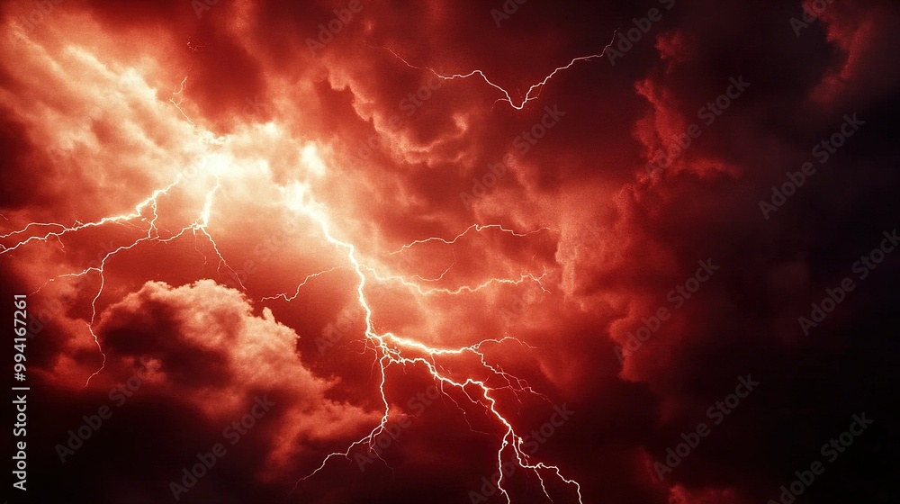 A dramatic lightning storm lights up the dark red sky over a rural ...
