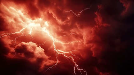 a dramatic lightning storm lights up the dark red sky over a rural landscape during a summer evening