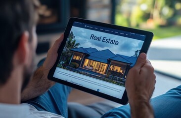 a real estate agent using a tablet to display the web page of their website, which features photos a