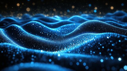 A mesmerizing blue wave pattern with glowing particles, creating an ethereal and digital landscape reminiscent of waves or sound.