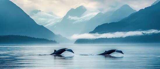 Humpback Whales Breaching in a Misty Fjord