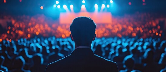 man on stage, spotlight, audience