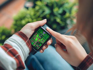 Wall Mural - a person wearing a smartwatch focused on solving a colorful puzzle game on a mobile device.