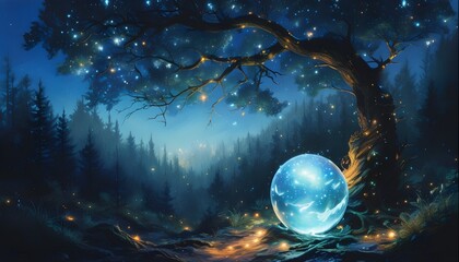 Wall Mural - Enchanted slumber beneath a mystical tree adorned with glowing dream orbs in a serene night forest