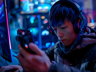 Wall Mural - a person playing video games on a smartphone specifically designed for gaming, with code 00527 0.