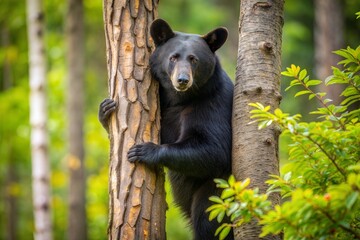 Poster - Black bear hugging tree trunk in lush forest