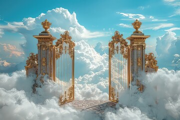 open golden gates of paradise against white clouds. entrance to the afterlife for the righteous. gol
