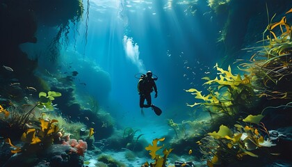 Diver Journeying Through Kelp Forest Teeming with Diverse Marine Life and Complex Underwater Ecosystems