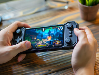 Wall Mural - person playing video games on a handheld console while holding a mobile phone in hand.