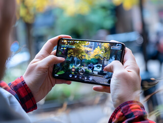 Wall Mural - a person holding a smartphone in front of a city skyline, playing an augmented reality game.