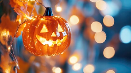 Halloween decorations featuring lights against a bokeh backdrop embodying the festive spirit of the holiday