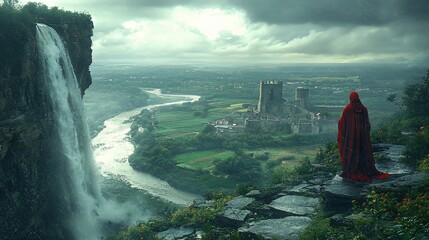 A figure in a red cloak gazes over a misty landscape with a waterfall and castle.